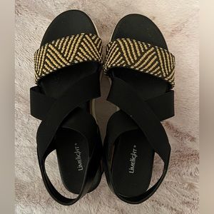 Limelight Platform Sandals, Elastic Strap, Woven detail on front, cork edging, 7